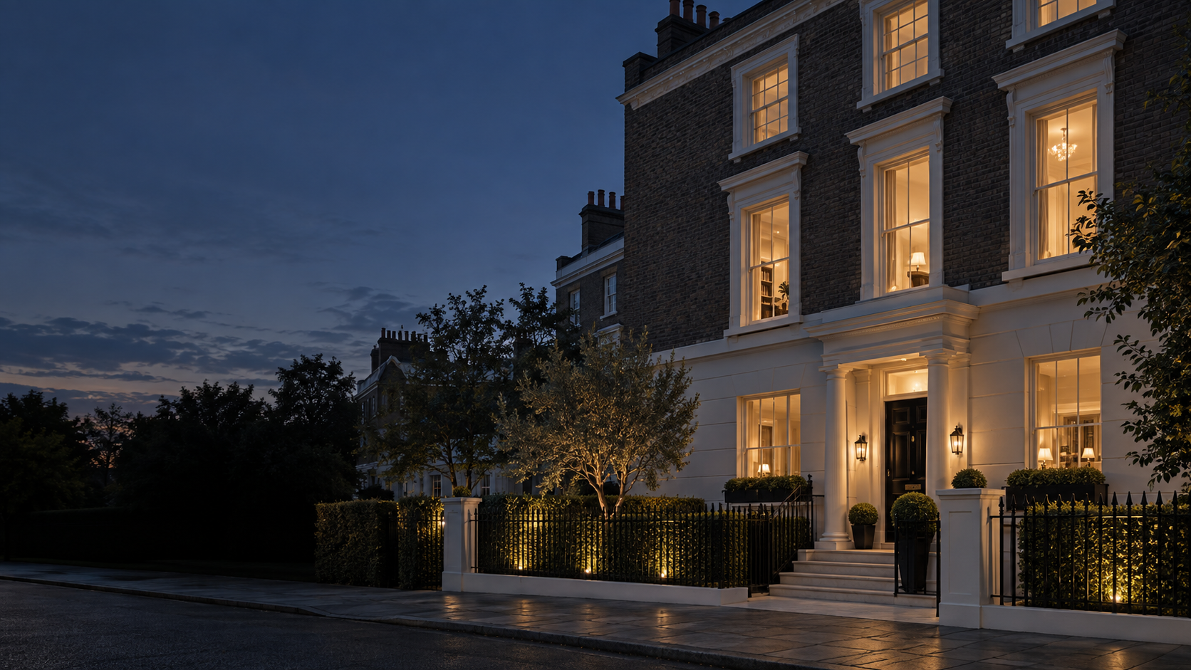 Elegant townhouse illuminated at dusk